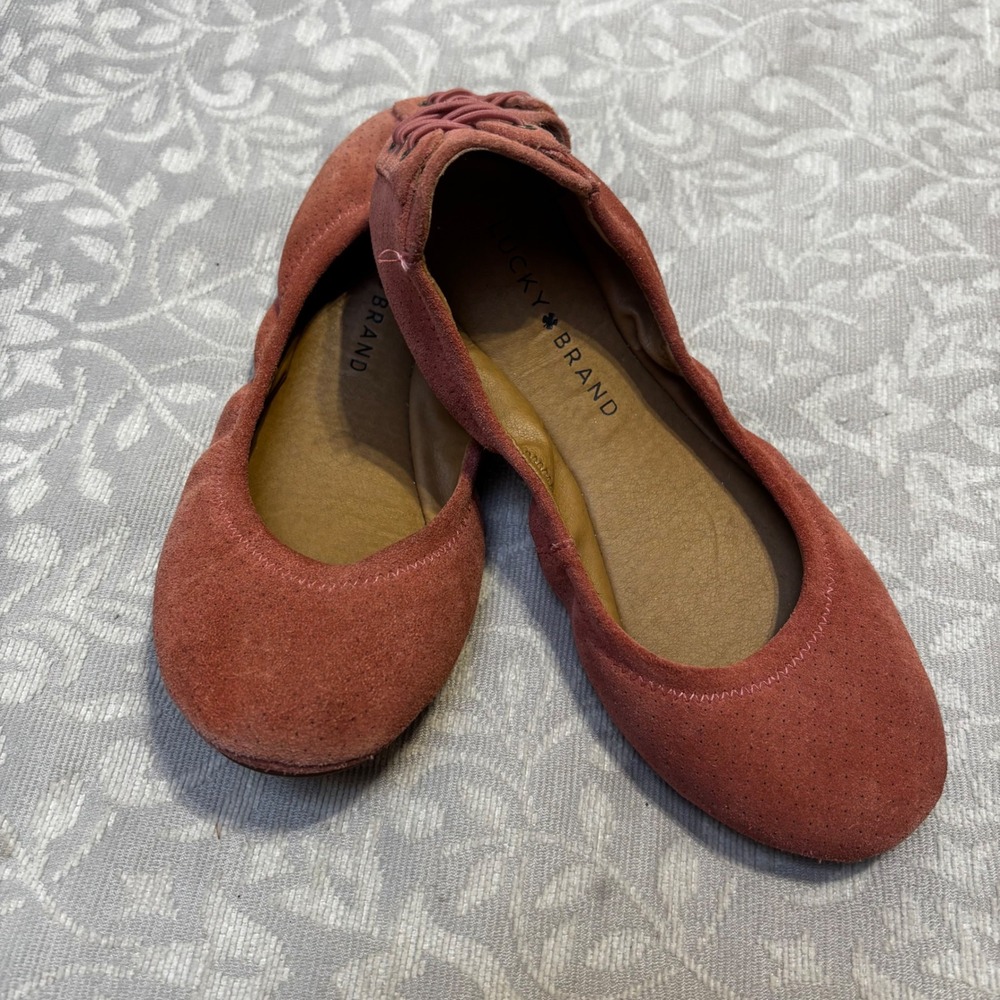 Lucky Brand Emmie Ballet Flats Suede Rose Lace Up Heel Round Toe Shoes Womens 6